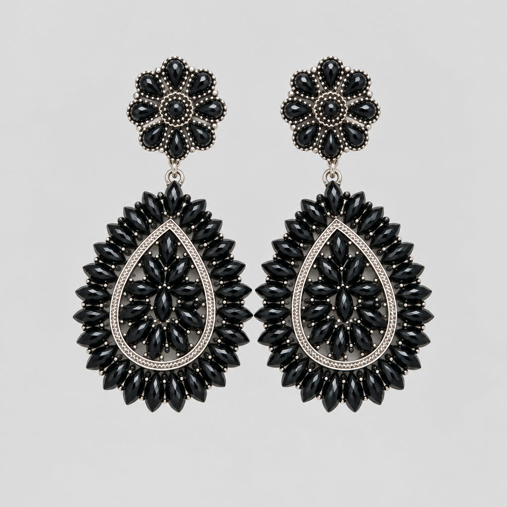 Silver black stone concho teardrop earrings