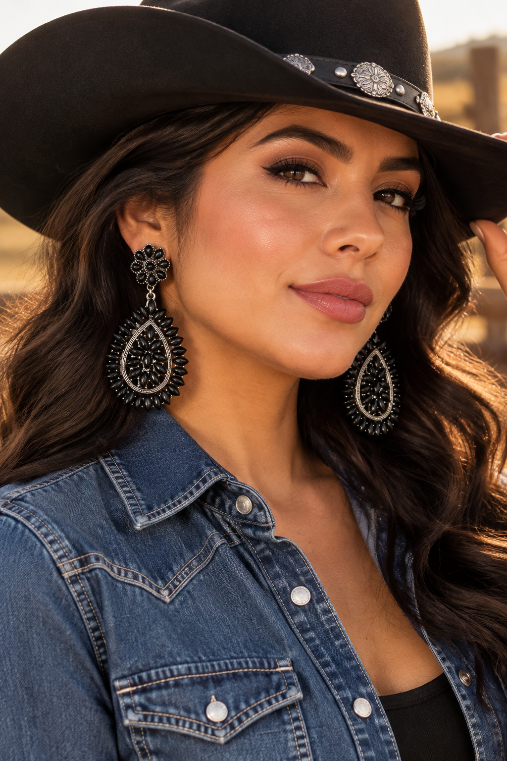 Silver black stone concho teardrop earrings