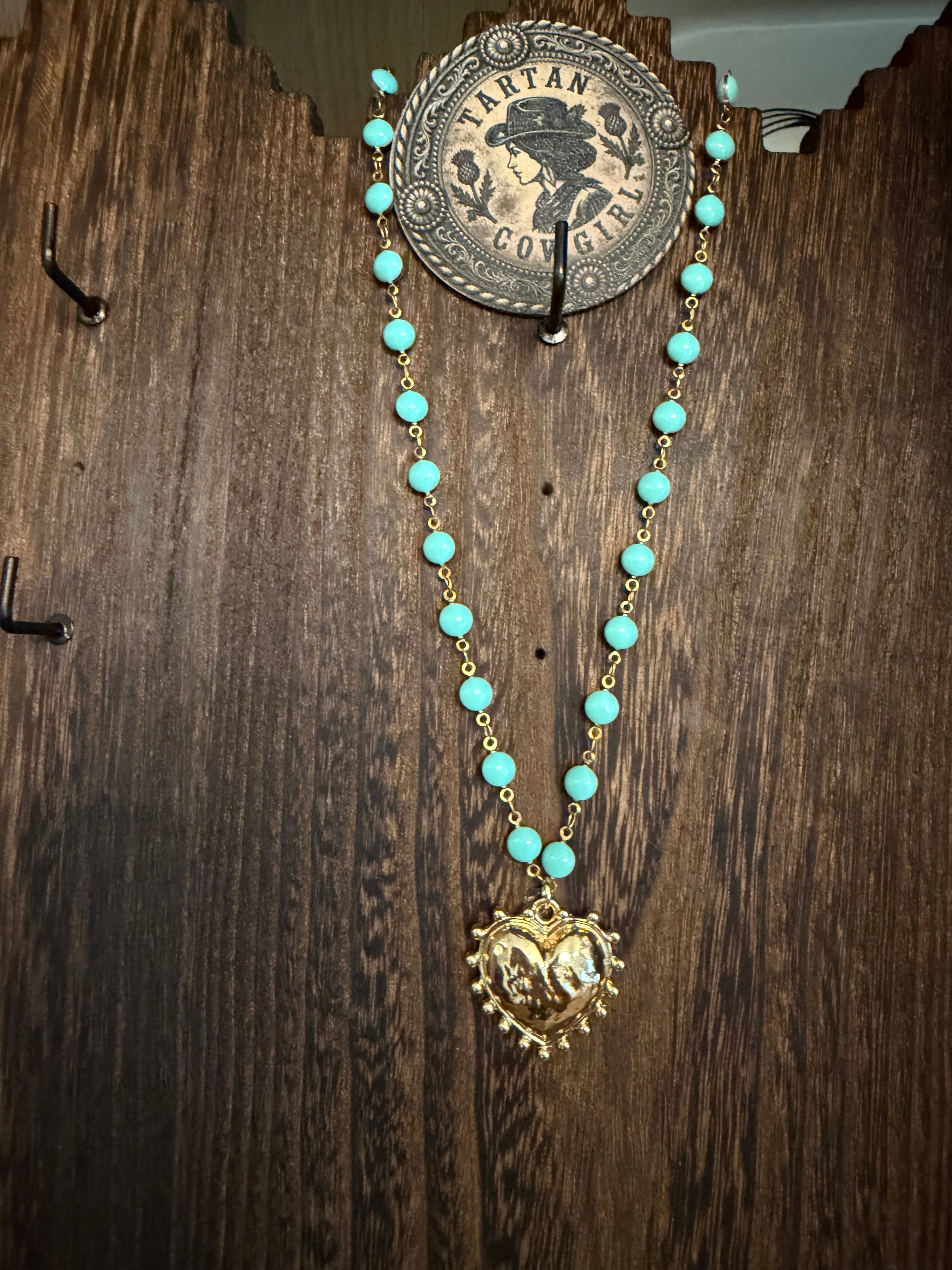 Tartan Cowgirl Beaded Necklacesmetal chain with green face cut crystal beads Necklace
