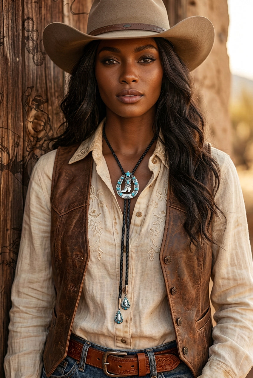 Rhinestone Cowgirl Boot Bolo Necklace