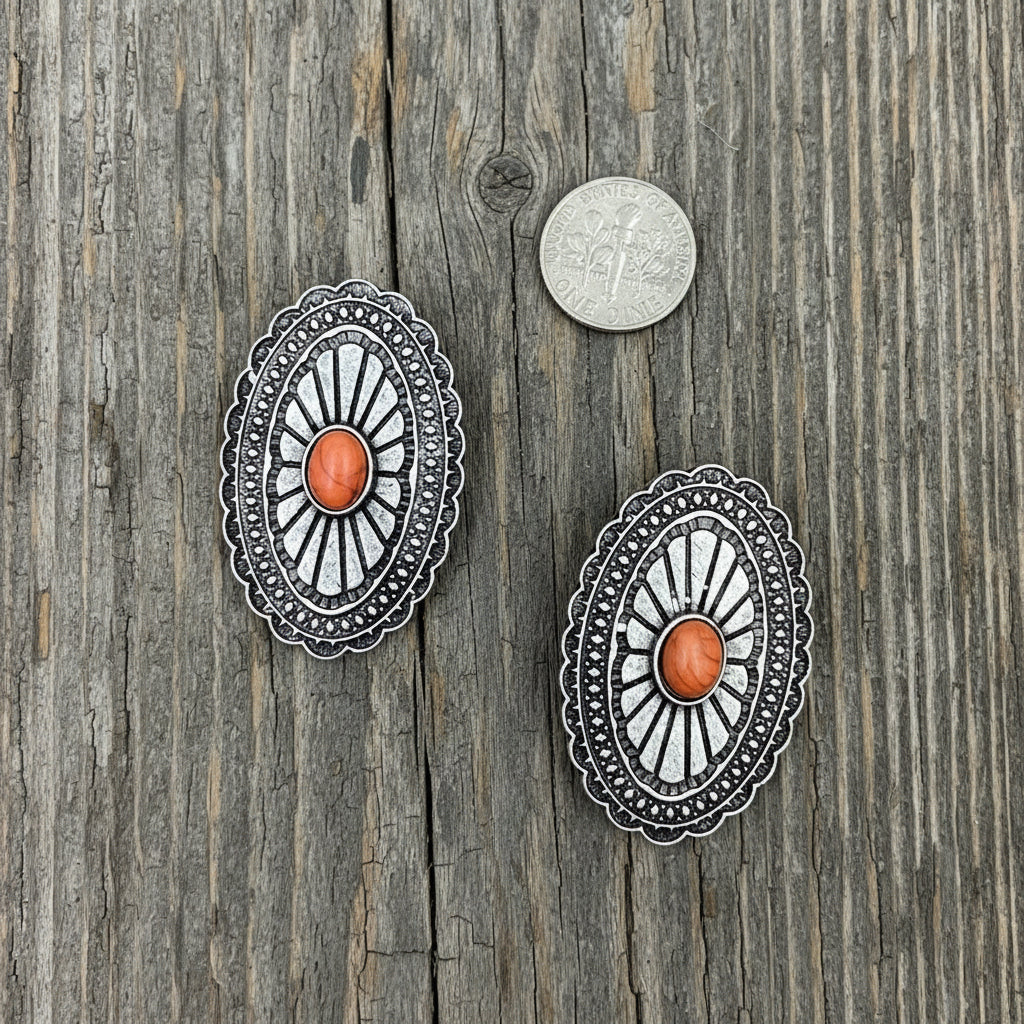 Oval Concho Stone Stud Earrings