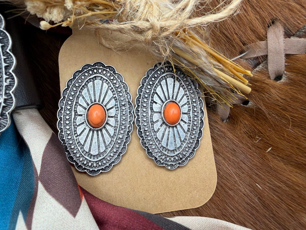 Oval Concho Stone Stud Earrings