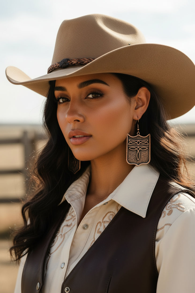 A pair of shield-shaped drop earrings in copper