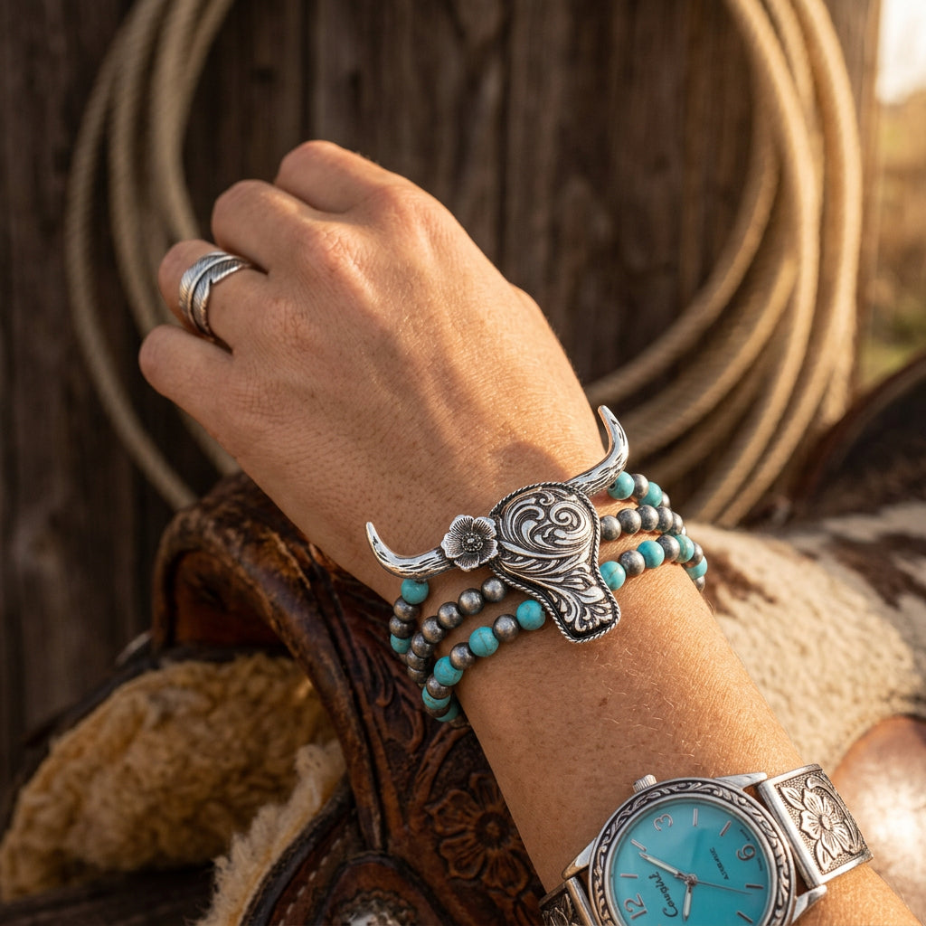 Tooled Cow Skull Bead Bracelet