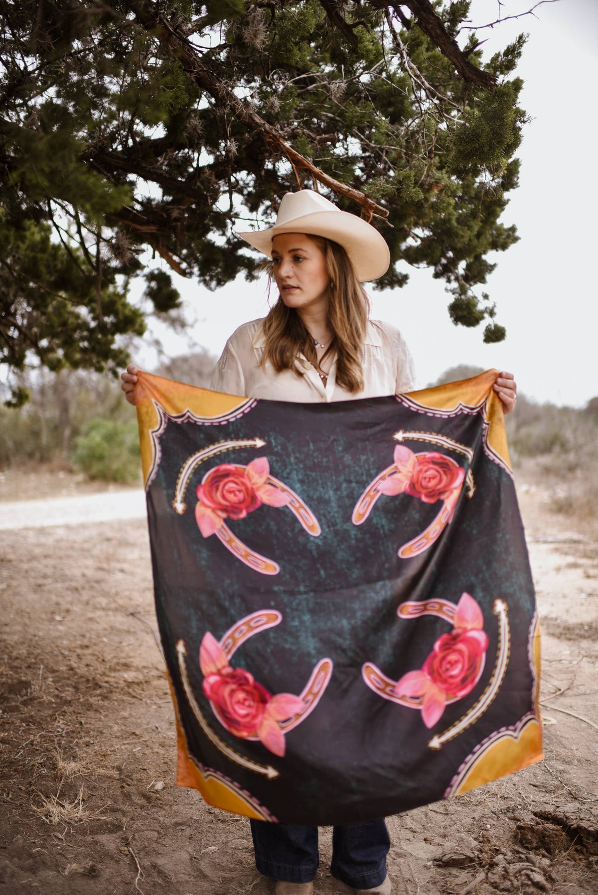 Rodeo Rose Wild Rag 100% Silk Scarf 35x35"